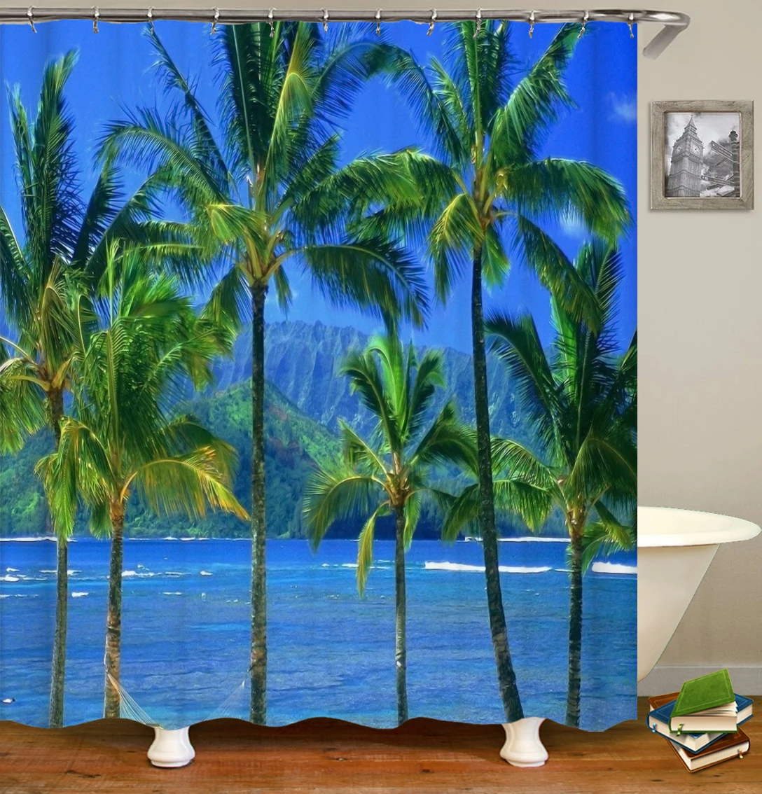 

High Quality 3d Sunny Beach Printed Fabric Shower Curtains Sea Scenery Bath Screen Waterproof Products Bathroom Home Decor