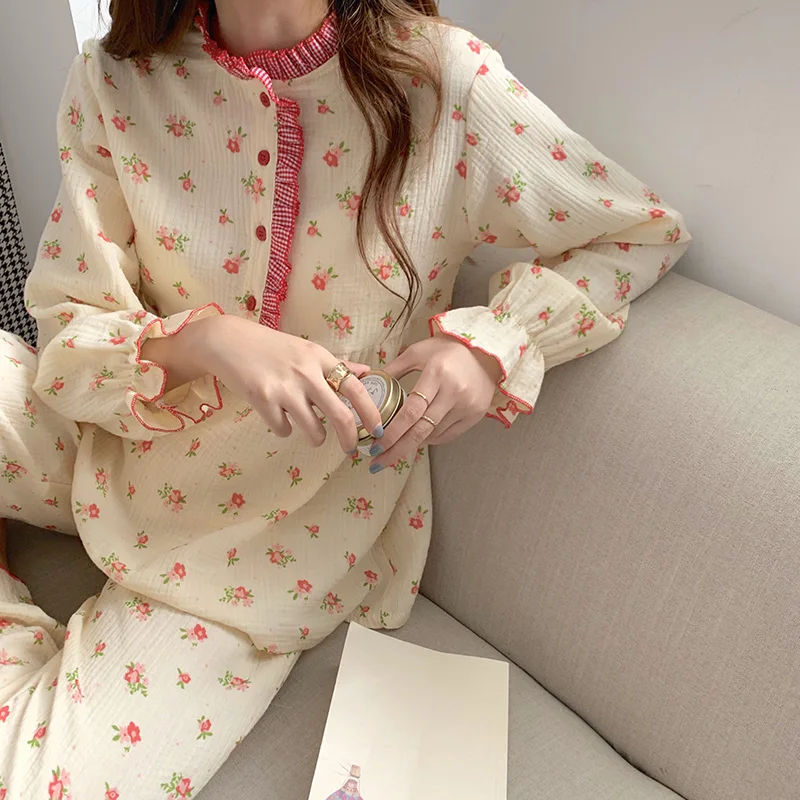 

Harajuku Sweet Ruffles Girls Printed Florals Color-Hit Korean Fashion Plus Sleepwear Warm Cute Home Clothes Pajamas Sets