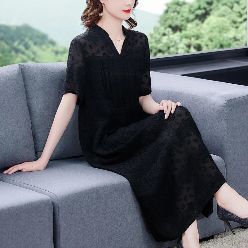 

COIGARSAM Women Dress Summer 2021 New Office Lady Print Short Sleeve High Waist Turn-down Collar V-Neck Black Dresses Traf Robe