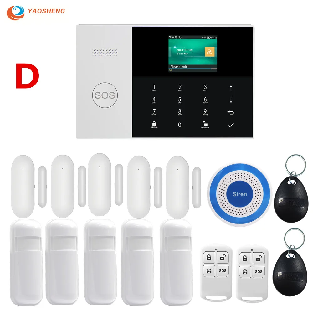 Set D Wifi GSM GPRS переключаемая беспроводная домашняя охранная сигнализация с управлением приложением ЖК-сенсорная клавиатура с датчиком движения - Цвет: Set D