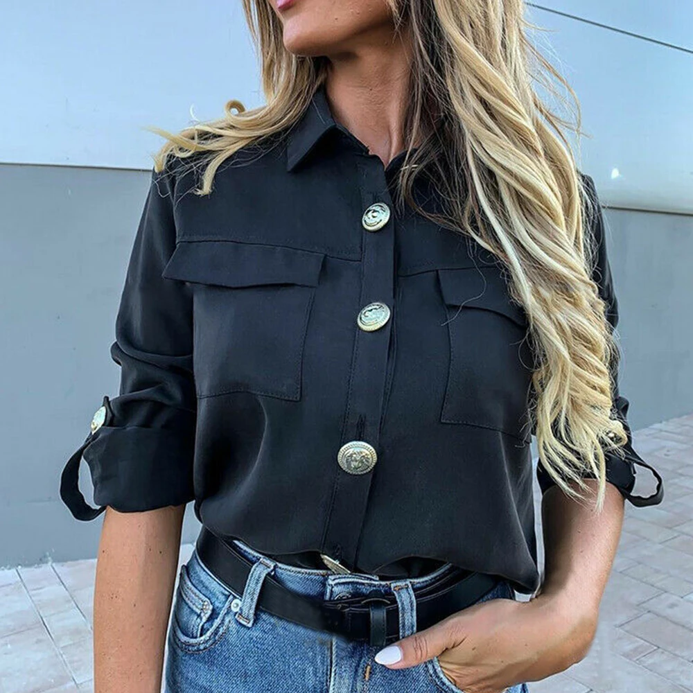Топ Женский Повседневный на пуговицах рубашка в стиле милитари с карманами