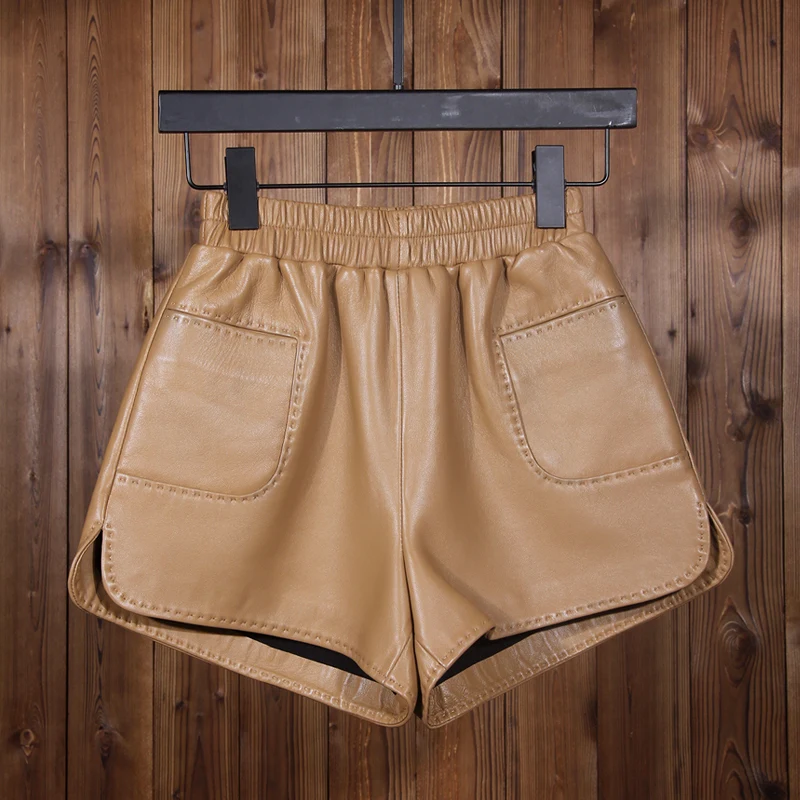 Lady Genuine Leather Shorts Elastic High Waist Loose Korean Side Split A-Line Wide Leg Sheepskin Shorts Spring Autumn Women