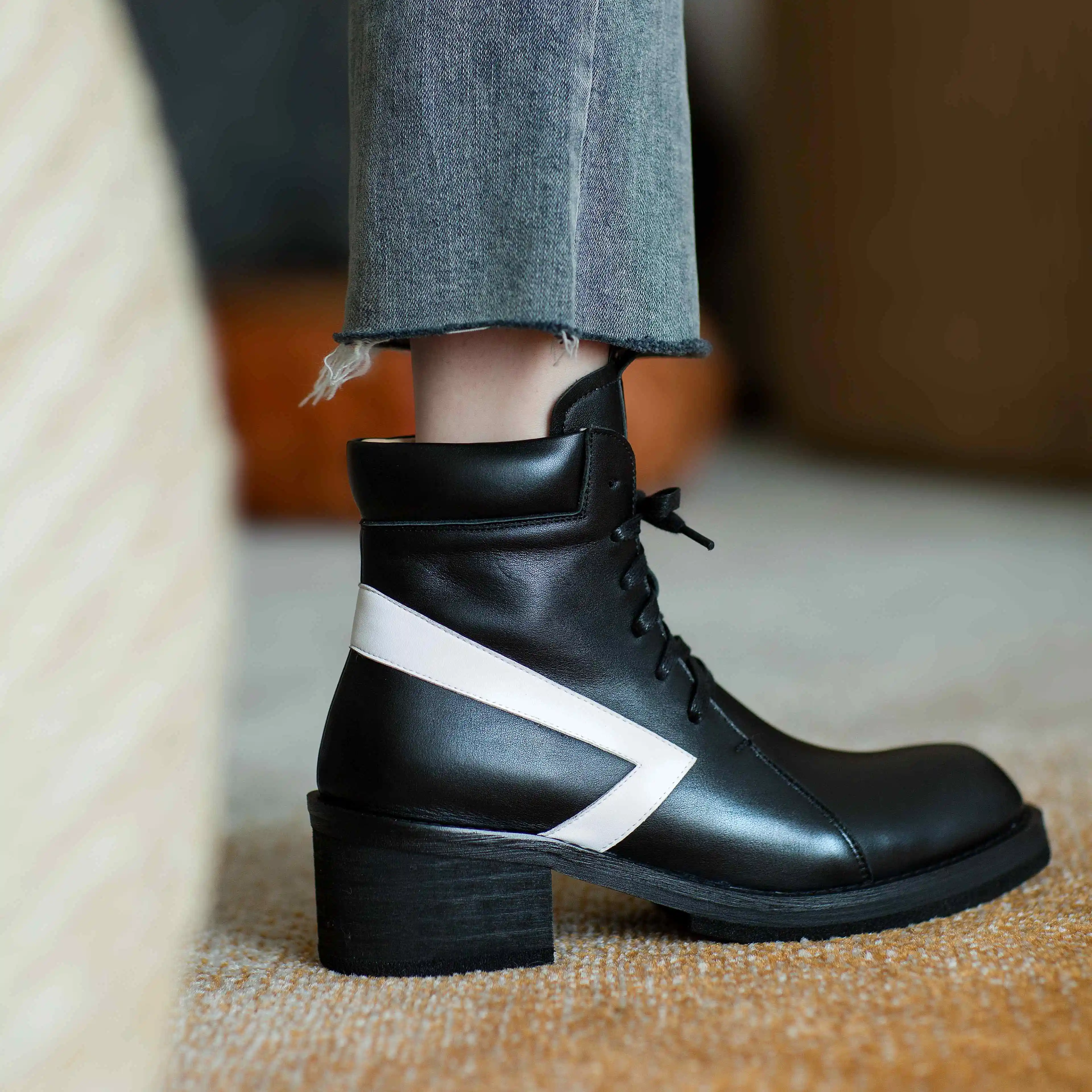 

Lenkisen european style genuine leather mixed colors designer round toe thick high heel lace up neutral fashion ankle boots L75