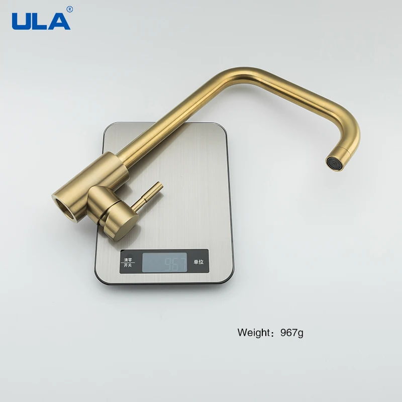 ULA Kitchen Faucets Brushed Gold Stainless Steel 360 Rotate Kitchen Faucet Deck Mount Cold Hot Water Sink Mixer Taps Torneira images - 6