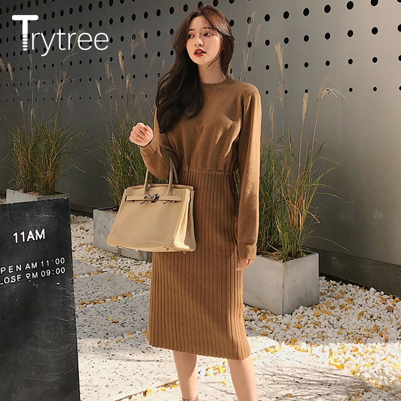 Trytree осенне зимнее женское Повседневное платье с круглым вырезом трикотажное