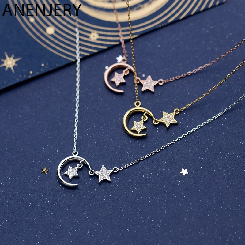 

GOLDRIA 925 Sterling Silver Simple Micro Cubic Ziron Star Moon Necklaces For Women Choker Collares Wedding Jewelry S-N535