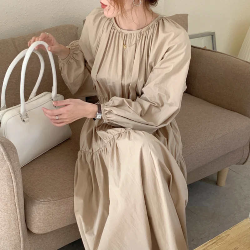 

Женское винтажное платье с круглым вырезом, свободное белое платье большого размера с пышными рукавами и складками, осень 2021