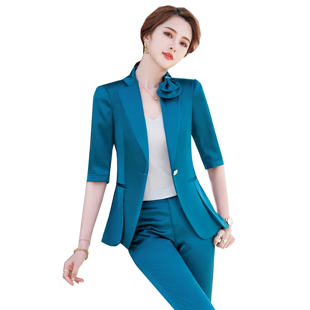 

High Quality Elegant Half Sleeve Ladies Pant Suit Women Office Formal 2 Piece Set Summer Spring Ruffle Hem Blazer And Trouser