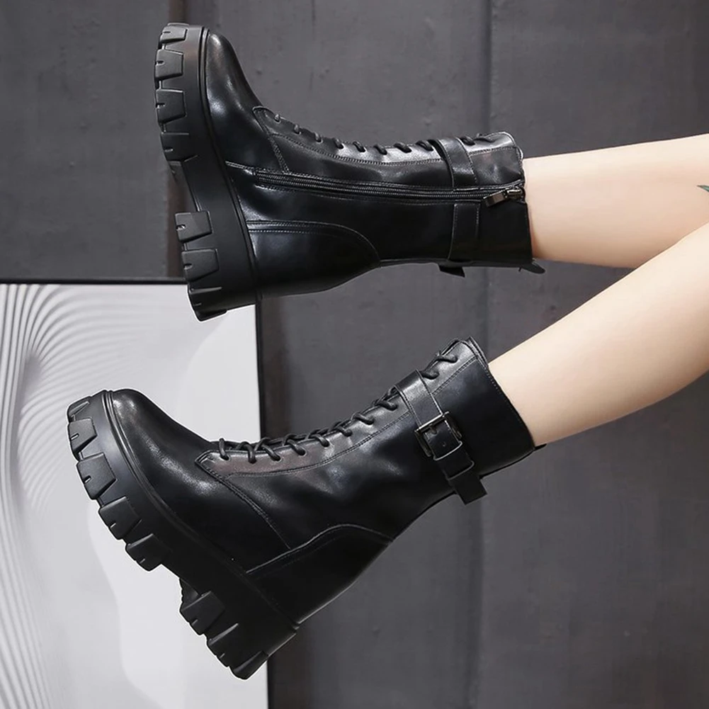 

DORATASIA Brand New Female Chunky High Heels Boots Fashion Street Motorcycle Boots Women Platform Zip Buckle Shoes Woman