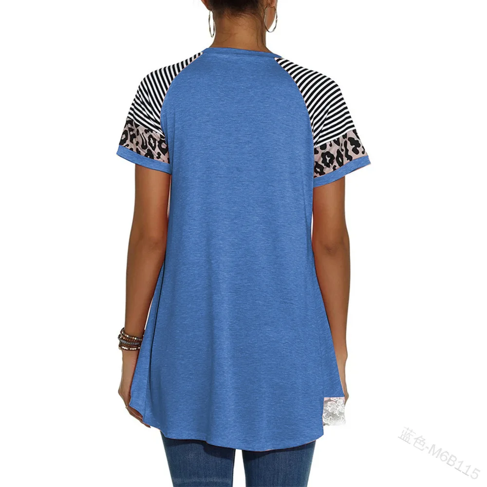 

WEPBEL Women Summer Fashion Lace Patchwork Shirt Top Ladies Casual Short Sleeve O Neck Leopard Stripe Corset Bottoming T-shirt