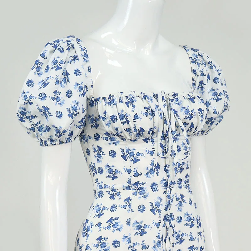 

Summer Dress Women Short Puff Sleeve Flroal Printed Ruched Party High Split Long Maxi Dresses Drawstring Sexy Vestidos Sundress