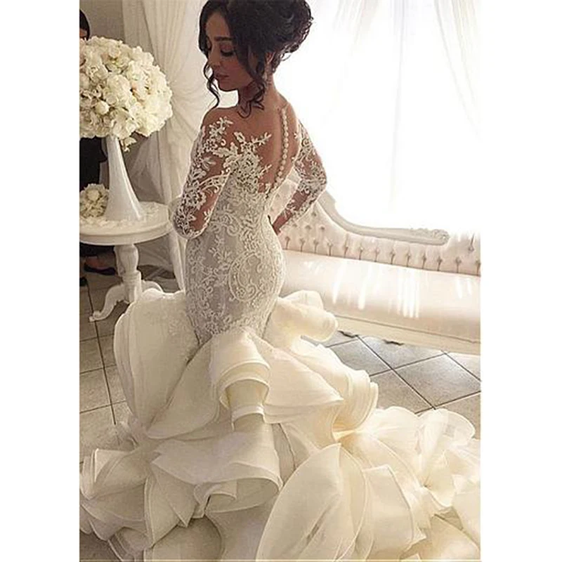 

Luxury Mermaid Wedding Dress Bridal Gown Africa 2019 New Off Shoulder Tulle Long Sleeves Lace Applique Wedding Gowns Custom Made