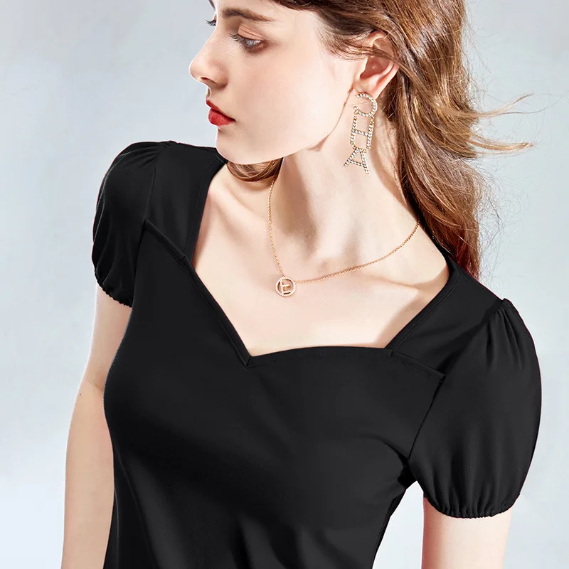 

Short sleeve t-shirt female summer half sleeve cotton T-shirt French court sexy exposed clavicle bubble sleeve top female