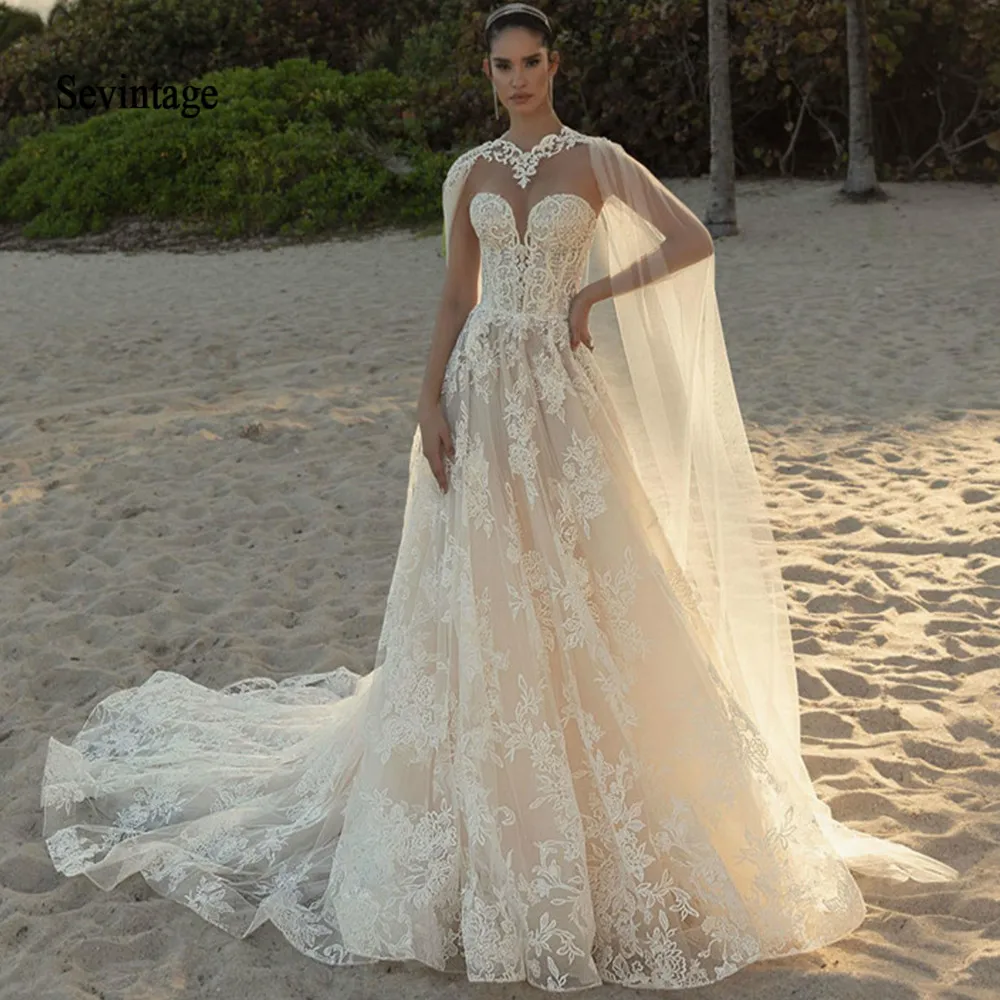 

Sevintage Luxury 2 Pieces Wedding Dresses 2020 Sleeveless Floor Length Strapless Bride Gowns with Cape Lace Applique Bridal Gown