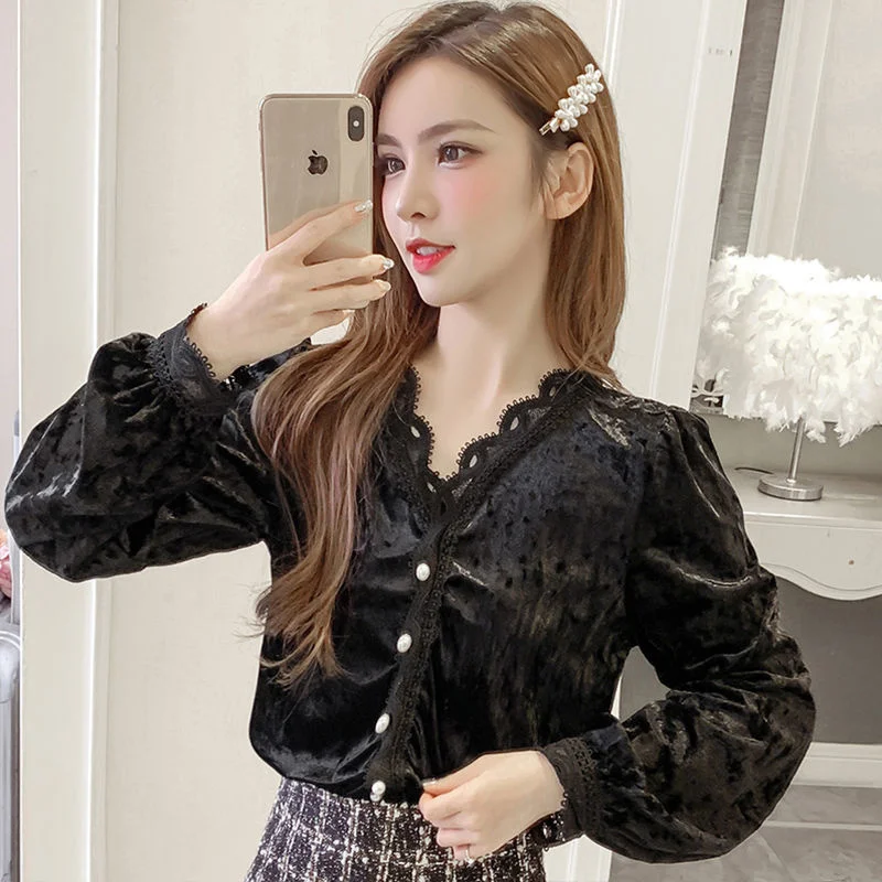 

Женская Весенняя бархатная рубашка с длинным рукавом и кружевом