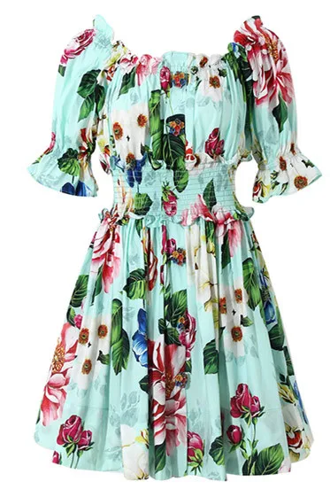 

Women Cotton Dress 100% Cotton Petal Button Royal Vintage Print Sexy Slash Neck Elastic Waist Elegant Dress New