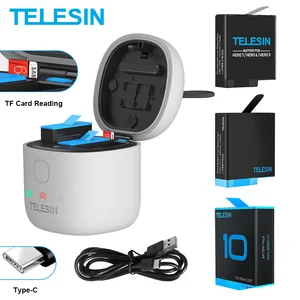 telesin battery for gopro 10 9 8 7 6 5 3 ways led light charger tf card read battery storage box for gopro hero 5 6 7 8 9 black free global shipping