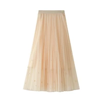 womens beaded gauze tulle skirt high waist high waist mid length pleated skirt