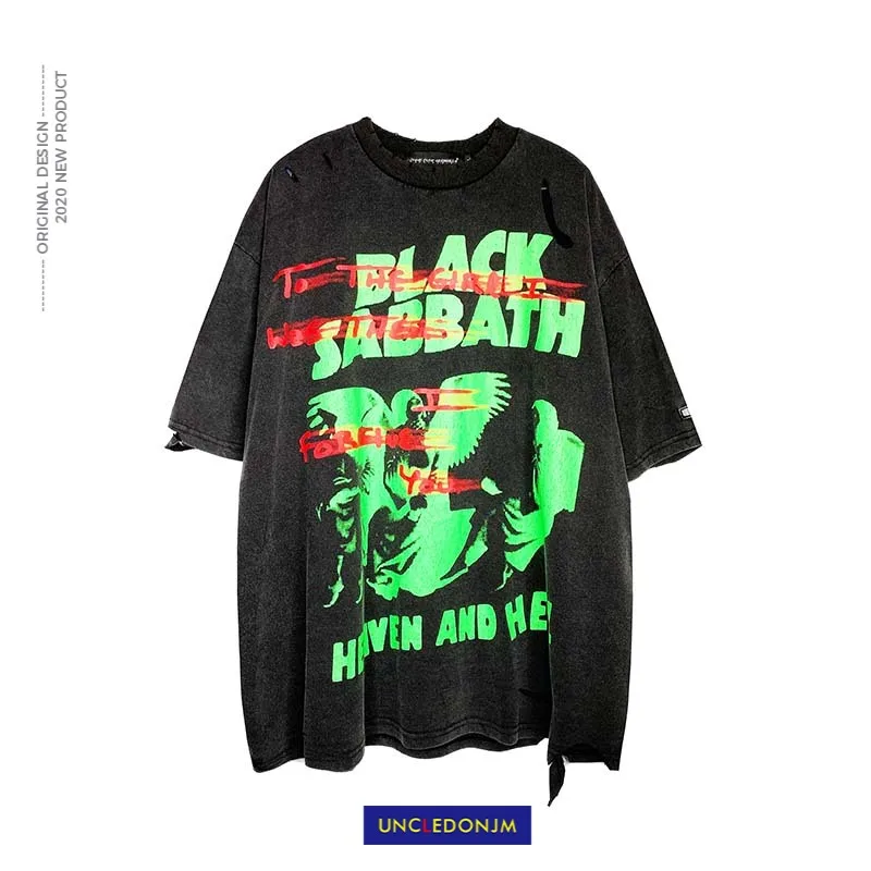 UNCLEDONJM Damaged vintage Men T shirt O-neck Loose Hip hop Tops Tees Streetwear Short Sleeve shirts NF-NB76 | Мужская одежда