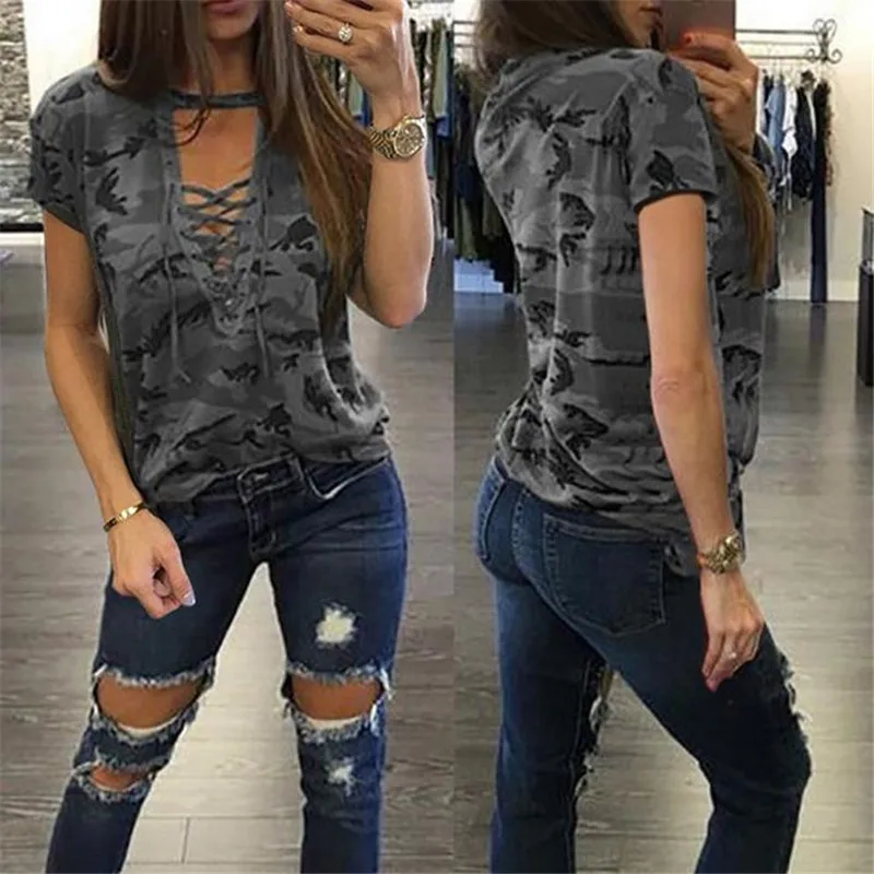 Женская футболка с камуфляжным принтом летняя на завязках V-образным вырезом и