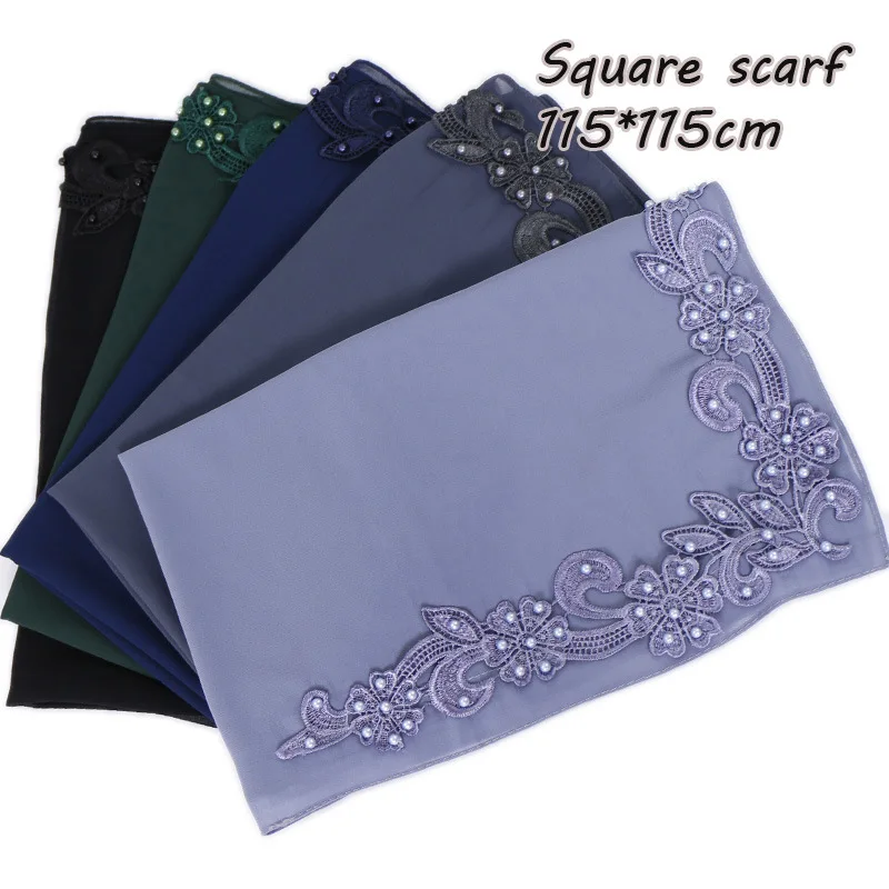 

New Monochrome Pearl Chiffon Pair Nail Square Scarf Elegant Embroidery Women scarf women luxury hijab Headscarf dropshipping