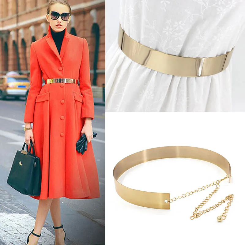 

Q Fashion Retro Elegant Metal Wide Belt For Women Coat Dress Wild Golden Waistband Wide Waist Chain Luxury Metal Chain Belt
