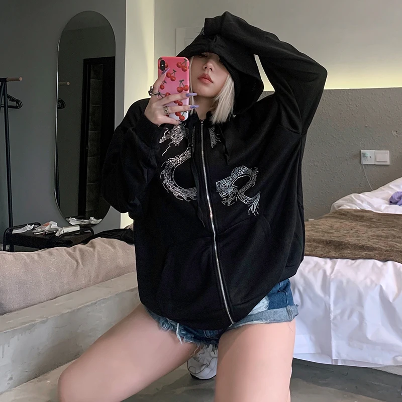 

2021 Fall Women's Hoodie Y2K Dragon Rhinestone Women's Hip Hop Sweatshirt Zip Blazer Ladies Gothic Clothing Jacket Pullover