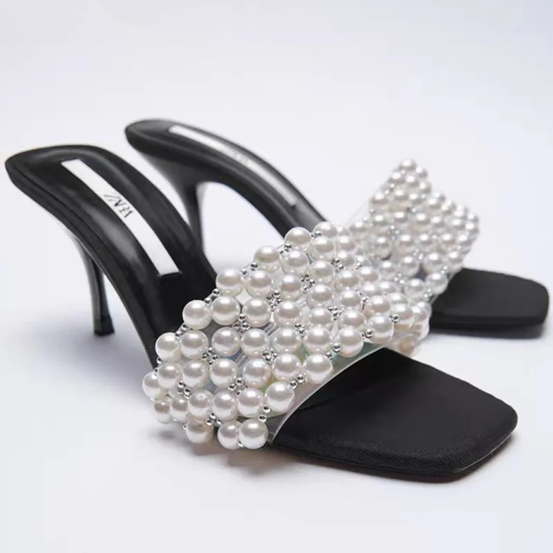 

ZAR 2021 Summer New Black Fashion Square Toe High Heels Beaded Sexy Outer Wear Stiletto Muller Sandals And Slippers Women Luxury