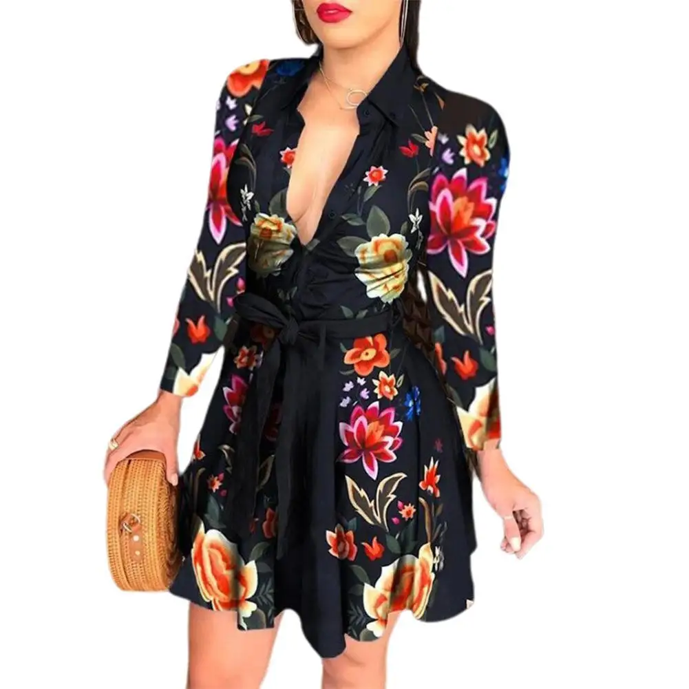 

Fashion Women Dresses Deep V Neck Long Sleeve Peacock Flowers Print Bandage Mini Dress Women's Clothing 2021
