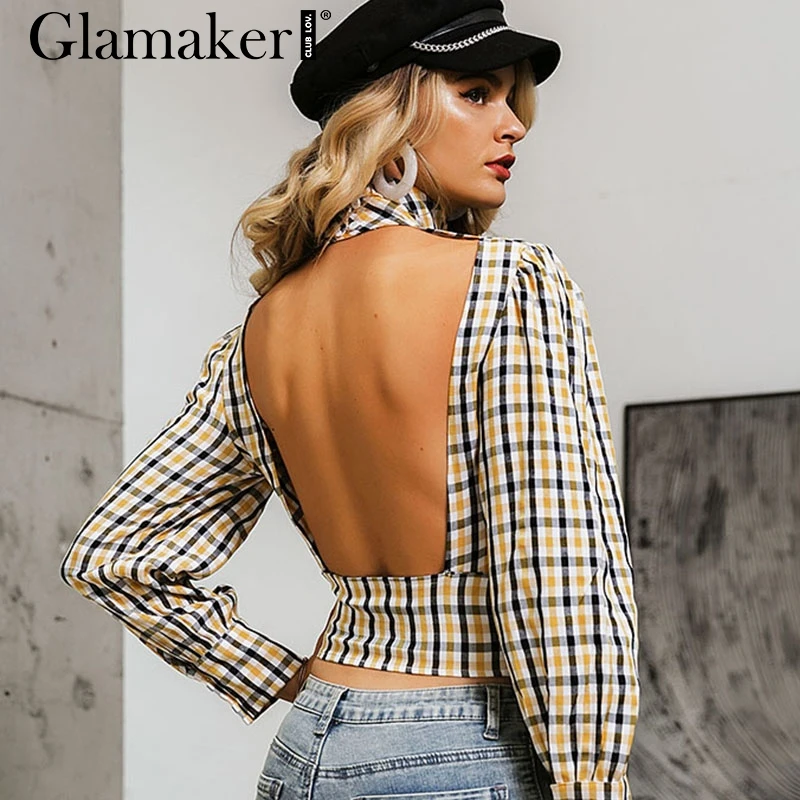 Glamaker/винтажная клетчатая рубашка короткая женская блузка с открытой спиной и
