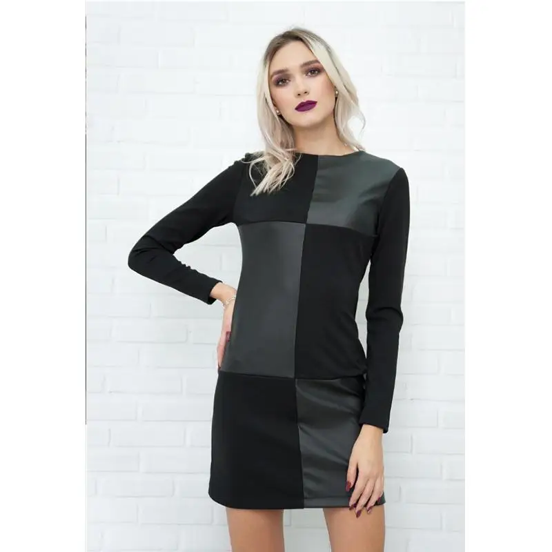 

Women Vintage Leather Patchwork Elegant Office Dress Long Sleeve O Neck Solid Casual Mini Dress 2020 Autumn New Fashion Dress