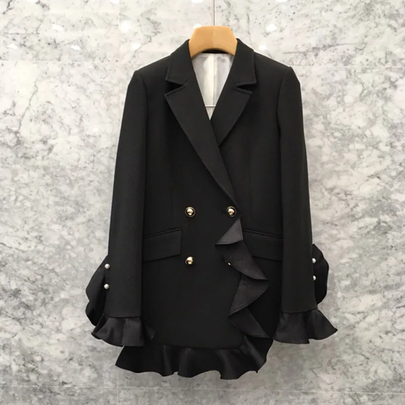 

2021 Spring Autumn Blazer Women Suits Coat New Style Fashion Waist Small Suit Double-Breasted High-End Casual Ruffle Suit Jacket
