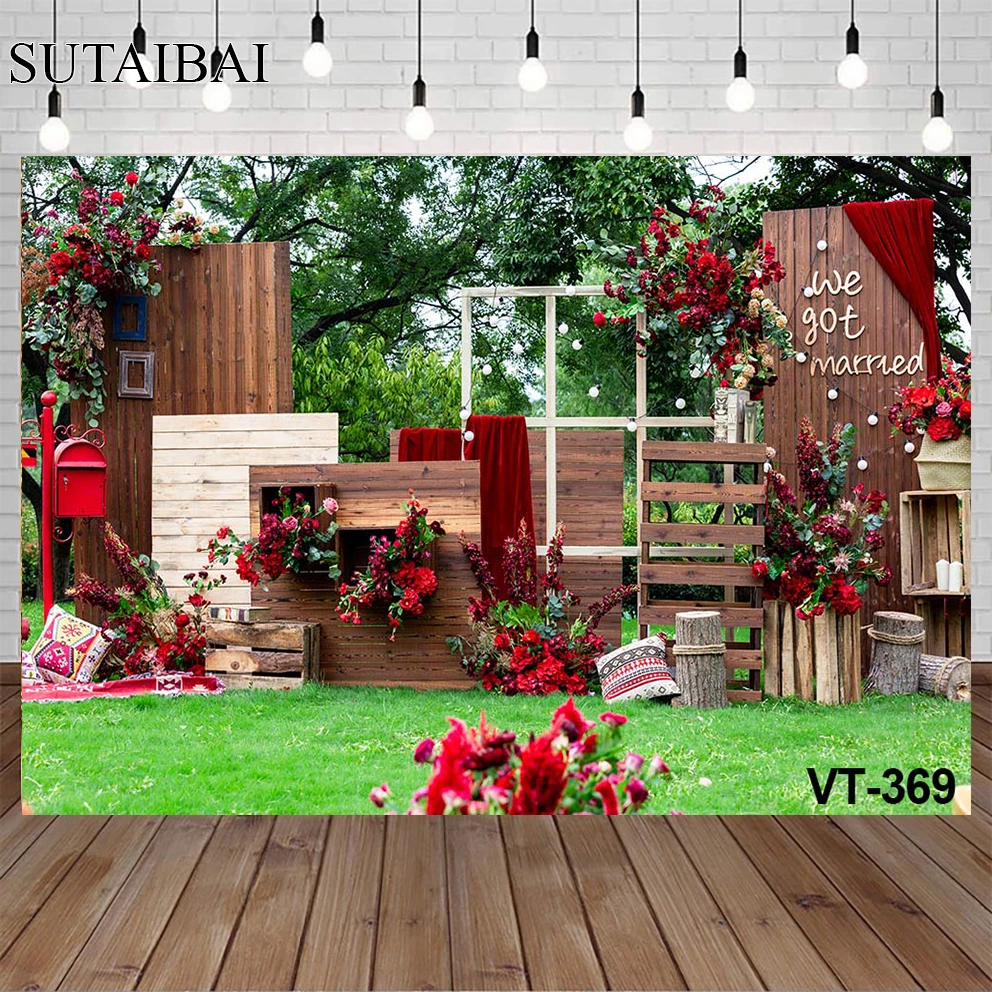 

Red Rose Rustic Wooden Wall Wedding Background Red Love Heart Bridal Shower Photography Wallpaper Decoration Props Photozone