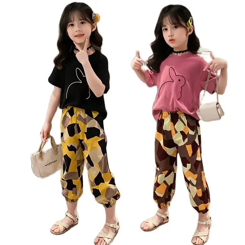 

Комплекты одежды для девочек, летняя футболка с мультяшным единорогом для подростков и штаны, спортивный костюм, детская одежда, Модный ком...