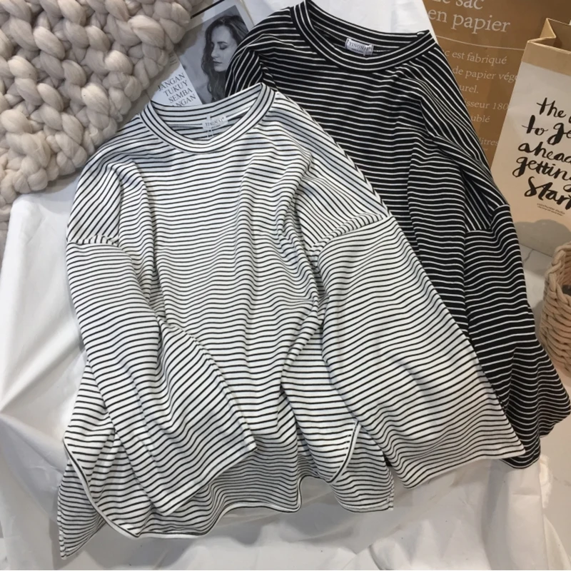 

Женская футболка в полоску, с круглым вырезом, с длинным рукавом, большого размера, осенняя, 2021