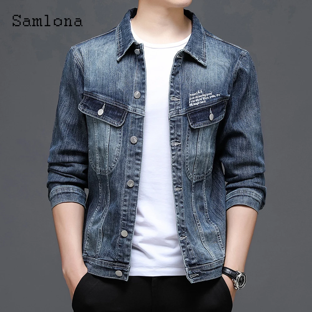 

Мужская джинсовая куртка Samlona, однобортная верхняя одежда, осенняя простая новая джинсовая куртка, Сексуальная мужская одежда, 2021