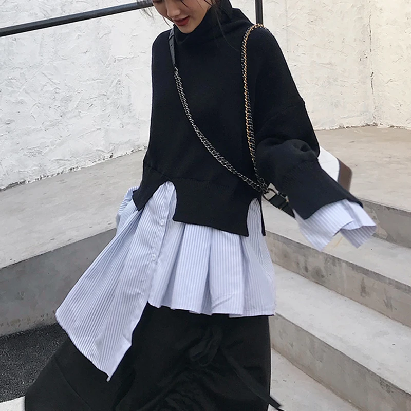 Женский трикотажный свитер с оборками Fuax черная рубашка в полоску высоким