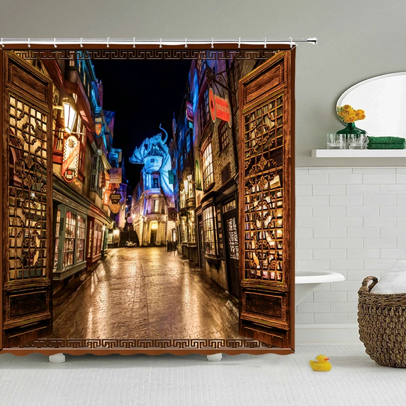 

Magic World HARRY Movie Shower Curtain Diagon Alley Decor Night Street Decor Kids Child The Film Shower Curtains Shower Curtain
