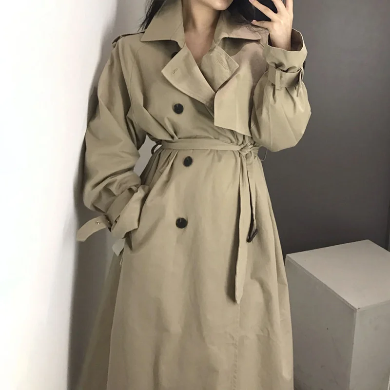 

Korean chic autumn French elegant Lapel double row buckle lace up waist slim over knee long windbreaker coat women