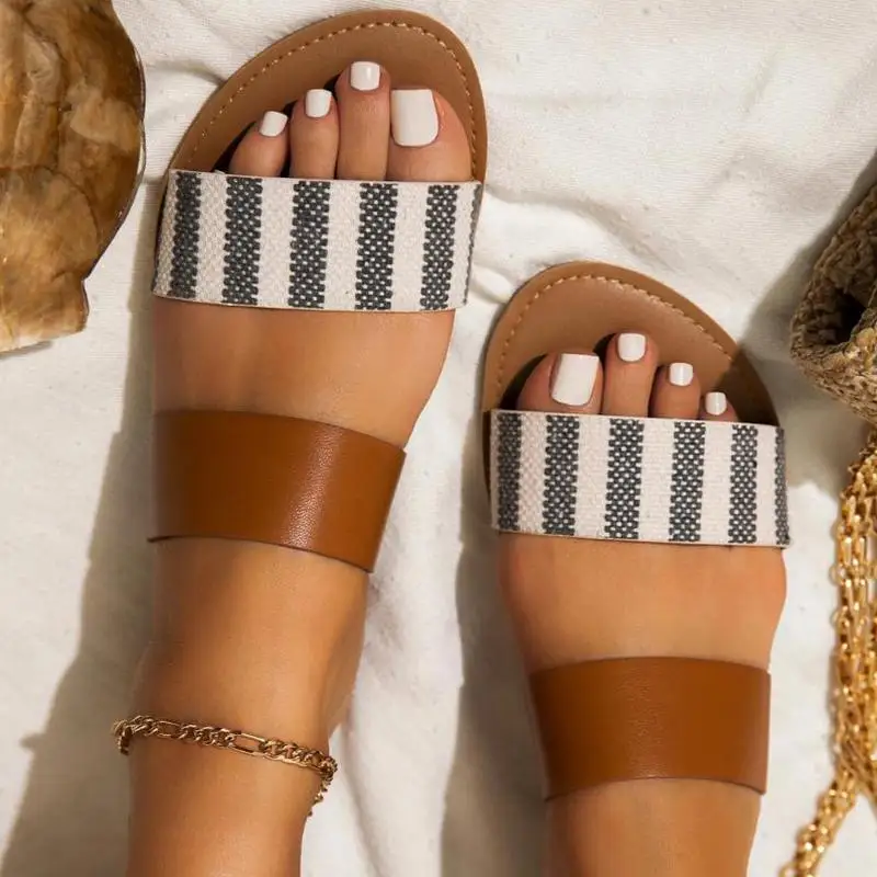 

Тапки Женские Повседневные в полоску, Летние удобные шлепанцы на плоской подошве, для пляжа, сланцы