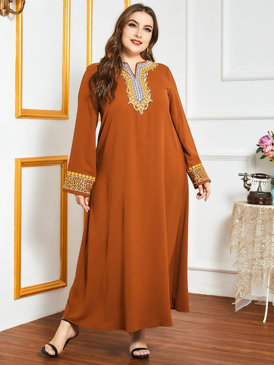 

Middle East Muslim Women's Autumn And Winter Big Yards Long Sleeve Embroidery Big Swing Pleated Brown Retro Retro Ethnic Arab Dr