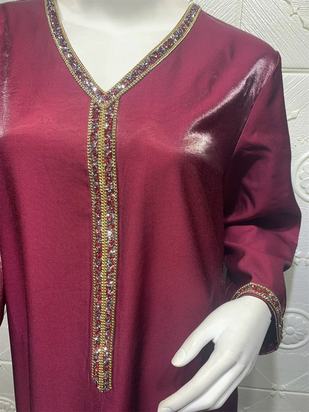 

Long Sleeve Maxi Dress for Women Fall 2020 New Dubai Abaya Fashion Diamond Ribbon V Neck Muslim Arabic Robe