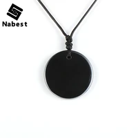 men women natural black hematite round tag pendant necklace health care waxed rope adjustable clavicle chain simple jewelry