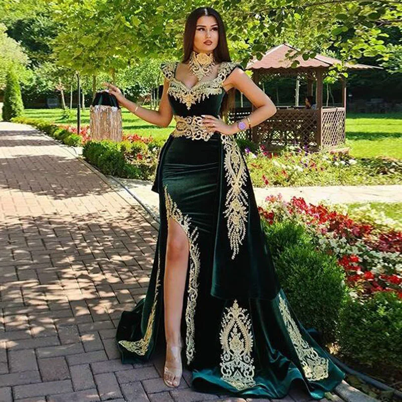 

Eightale Arabic Evening Dress with Detachable Skirt Two Pieces Green Morocco Kaftan Mermaid High Neck Velvet Prom Party Gown
