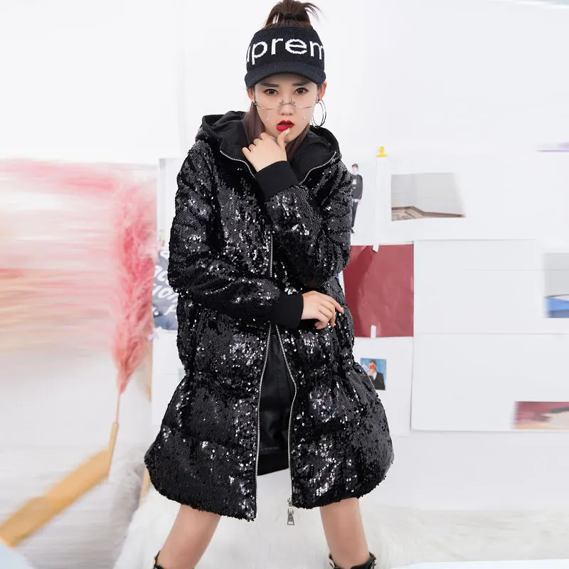 Женская хлопковая куртка с блестками свободная теплая приталенная в европейском