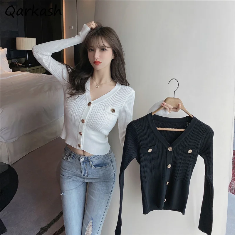 

Cardigan Women Single Breasted Temperament Autumn V-neck Leisure Ulzzang Preppy Style Basic Ladies Stretchy Knitwear Solid Daily