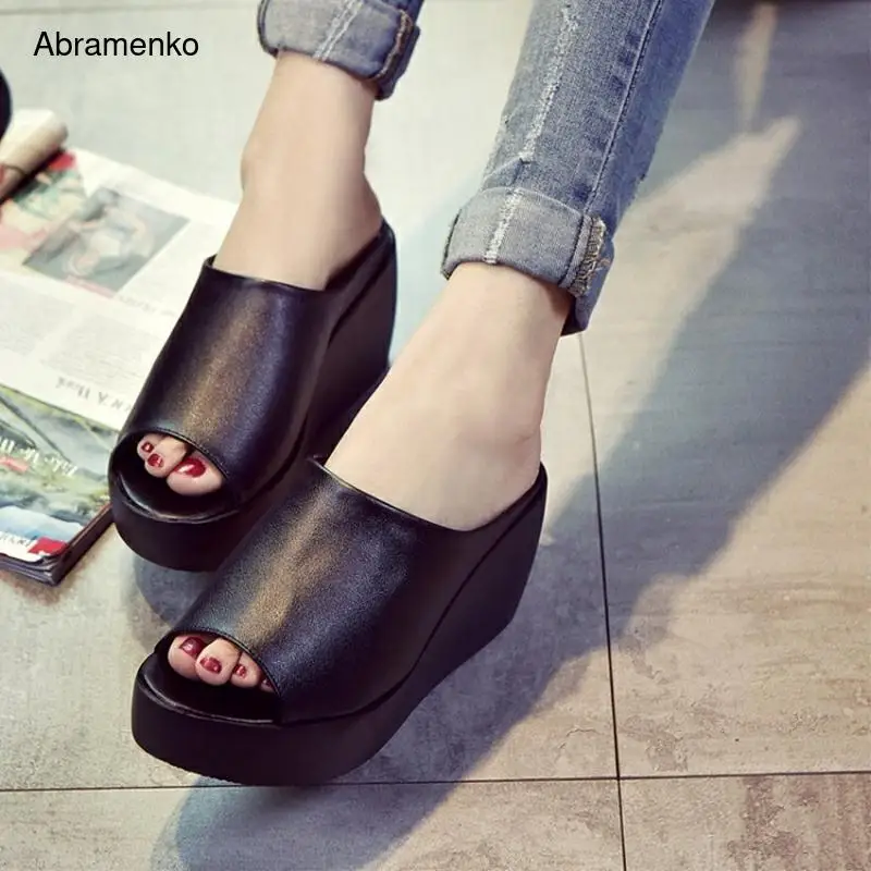 

Women Sandals 7.5cm Platform Wedges Women's Shoes Thick Heel Open Peep Toe Sandals Leather Summer Style Slide Black Shoes Size 9