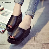 women sandals 7 5cm platform wedges womens shoes thick heel open peep toe sandals leather summer style slide black shoes size 9