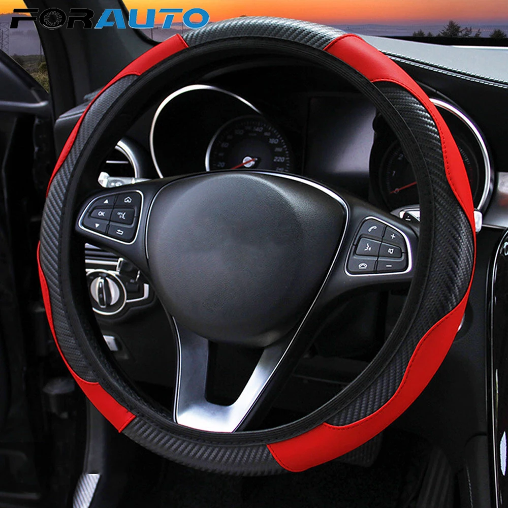 FORAUTO дышащий Противоскользящий чехол рулевого колеса автомобиля-Стайлинг углеродное волокно из искусственной кожи рулевые Чехлы подходит для 37-38 см