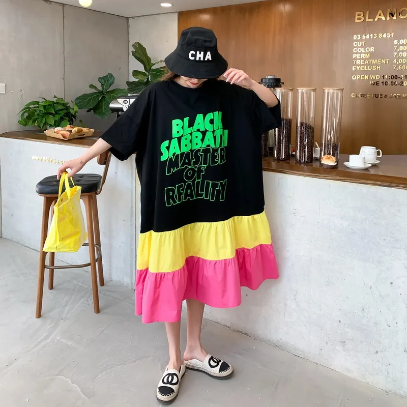 

2021 Summer New Korean Big Size Loose Thin Color Big Swing T-shirt Dress Casual All-match Simple Women T-tops Tide Free Shipping